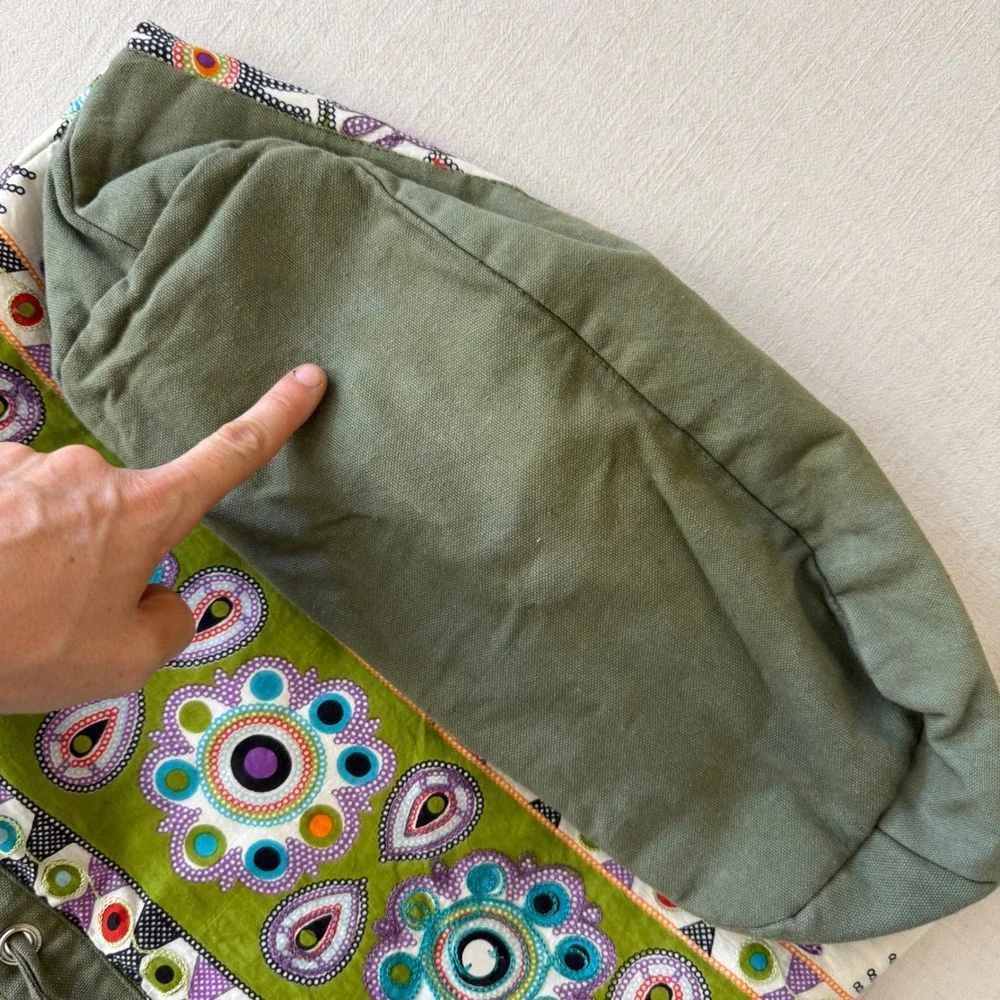 Boho Green Cotton Canvas Embroidered‎ Floral Mirror Sequin Tote Bag Crossbody